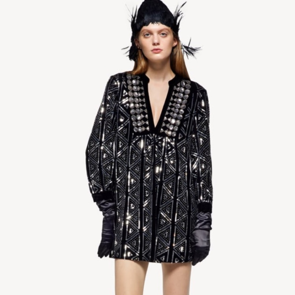 NWT Zara Black Velvet Dress With Silver Sequins